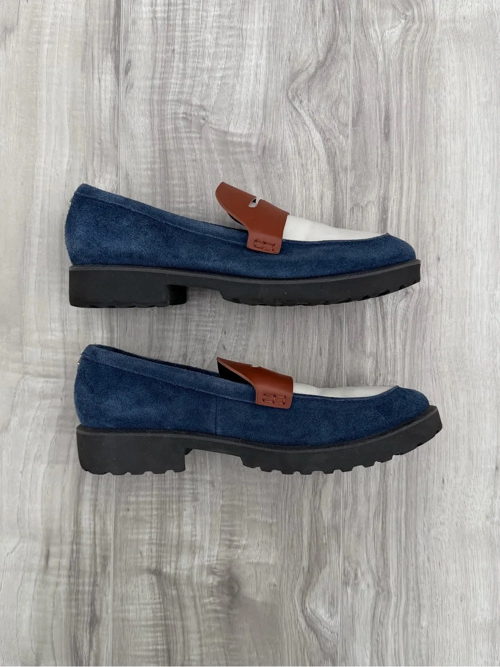 Cole Haan Blue Suede, White Leather & Brown Penny Loafers